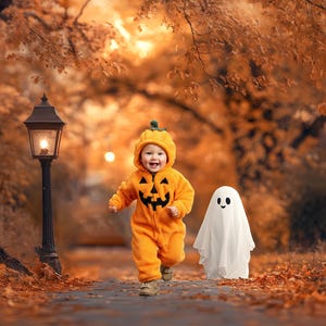 May include: A child in an orange pumpkin costume runs down a path with a white ghost costume. The scene is set in a park with a lamp post and autumn leaves. The overall theme is Halloween.