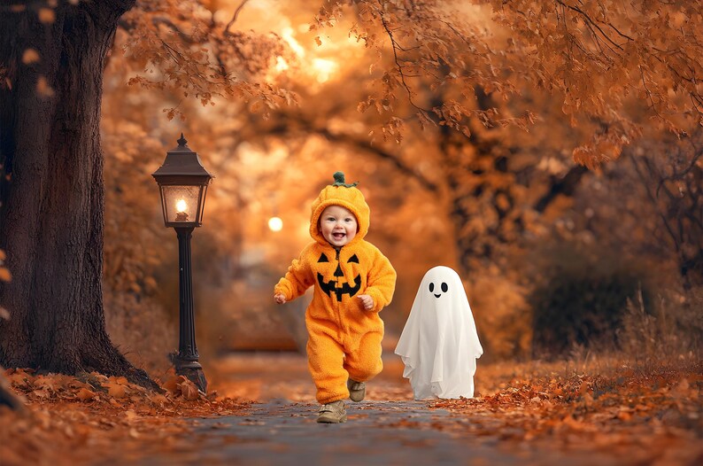 May include: A child in an orange pumpkin costume runs down a path with a white ghost costume. The scene is set in a park with a lamp post and autumn leaves. The overall theme is Halloween.