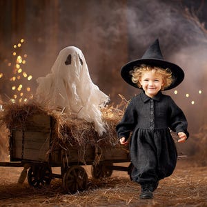 May include: A child in a black witch costume and hat smiles, walking towards the viewer. A white ghost sits on a hay-filled cart. Pumpkins and string lights create a Halloween scene.