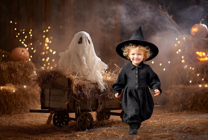 May include: A child in a black witch costume and hat smiles, walking towards the viewer. A white ghost sits on a hay-filled cart. Pumpkins and string lights create a Halloween scene.