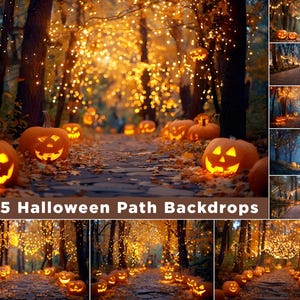 Könnte beinhalten: Eine Sammlung von Halloween-Pfad-Hintergründen. Die Bilder zeigen geschnitzte Kürbisse mit leuchtenden Gesichtern entlang eines Weges durch einen Wald, beleuchtet von Lichterketten. Das Farbschema ist orange und gold.