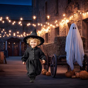 May include: A child in a black witch costume and hat walks toward the viewer in a Halloween scene. A ghost costume stands near a hay wagon with pumpkins. String lights illuminate the stone buildings and cobblestone path.