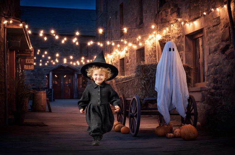 May include: A child in a black witch costume and hat walks toward the viewer in a Halloween scene. A ghost costume stands near a hay wagon with pumpkins. String lights illuminate the stone buildings and cobblestone path.
