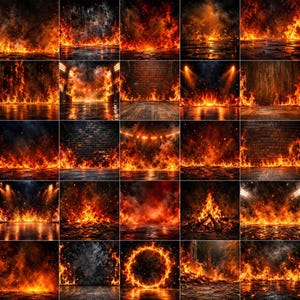 Può includere: Una collezione di venticinque sfondi digitali distinti caratterizzati da intense fiamme arancioni e gialle, braci ardenti e fumo. Le scene includono varie texture come pareti in mattoni scuri, pavimenti in legno e superfici riflettenti con fuoco.