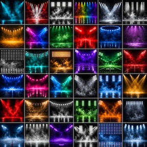 May include: A collection of thirty-six digital images featuring various stadium lighting setups, colorful spotlights, and stage fog effects. Each square panel displays different light colors, including red, blue, green, orange, and white beams.