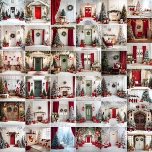 May include: A collection of Christmas-themed studio backdrops featuring decorated doorways, Christmas trees, wreaths, and festive decor. The doors are painted in various colors, including red, green, and white, and are adorned with wreaths and garlands. Snow and presents add to the holiday atmosphere.