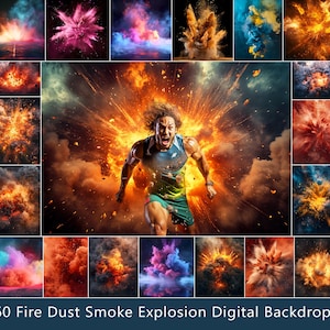 Op de afbeelding: Een collage van digitale achtergronden met explosies van vuur, stof en rook in verschillende kleuren. De centrale afbeelding toont een persoon die rent met een explosie achter zich. De tekst onderaan luidt "60 Fire Dust Smoke Explosion Digital Backdrops."