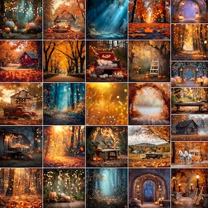 May include: A collection of autumnal images featuring pumpkins, forests, and rural scenes. The colour scheme is dominated by warm oranges, reds, and golds, creating a feeling of autumn and harvest.