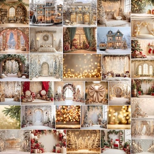 Puede incluir: Una colección de fondos digitales con temática navideña. Las imágenes presentan escenas festivas con árboles de Navidad decorados, interiores acogedores y paisajes invernales. Varios estilos incluyen luces bokeh, arcos y elementos decorativos.