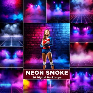 May include: A set of 30 digital backdrops with a neon smoke design. The images showcase a grid pattern, brick wall, and a colour palette of pink, blue, and purple. The text "NEON SMOKE" and "30 Digital Backdrops" are visible.