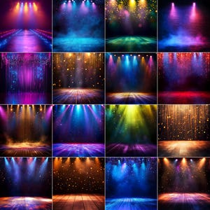 May include: A collection of stage backgrounds with various lighting effects. Each image features a stage with different colored spotlights, including blue, purple, yellow, and orange. Some backgrounds have wooden floors, while others have a smoky atmosphere.