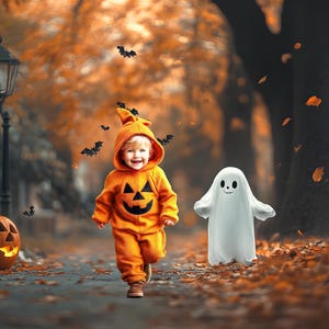 May include: A child in an orange pumpkin costume runs down a path, accompanied by a white ghost figure. A carved pumpkin and a street lamp are in the background. The scene is set in an autumn park with falling leaves and bats.