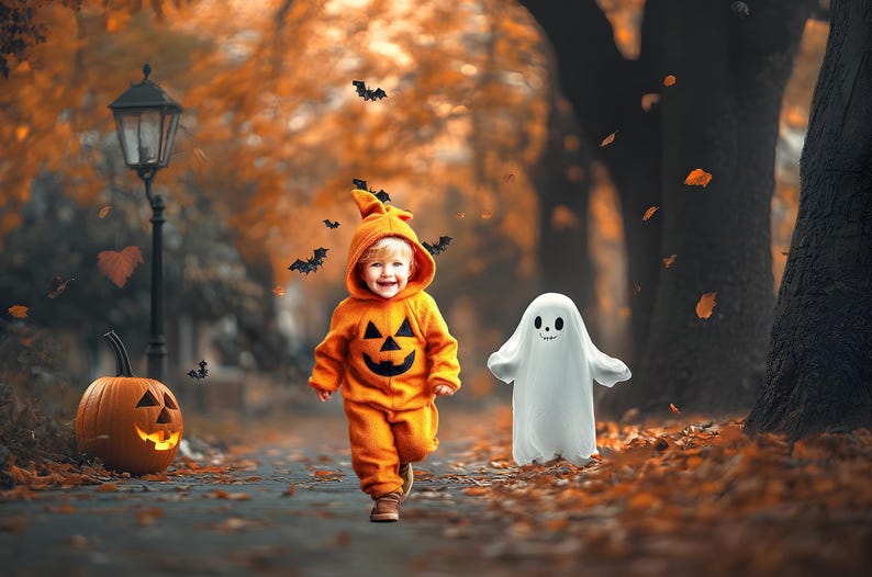 May include: A child in an orange pumpkin costume runs down a path, accompanied by a white ghost figure. A carved pumpkin and a street lamp are in the background. The scene is set in an autumn park with falling leaves and bats.