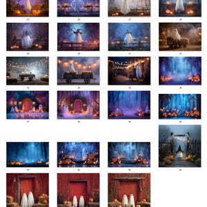 May include: A collection of Halloween-themed digital backgrounds. Each image features a spooky scene with ghosts, pumpkins, and atmospheric lighting. Settings include forests, barns, and whimsical landscapes, perfect for seasonal projects.