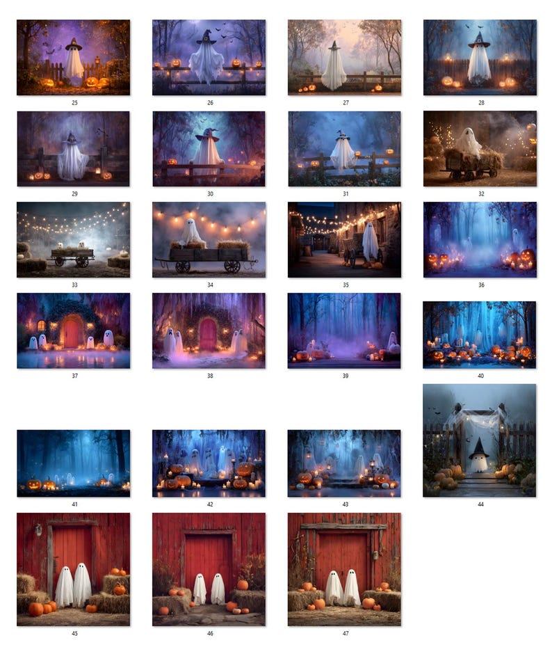 May include: A collection of Halloween-themed digital backgrounds. Each image features a spooky scene with ghosts, pumpkins, and atmospheric lighting. Settings include forests, barns, and whimsical landscapes, perfect for seasonal projects.