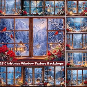 Puede incluir: Una colección de 23 fondos de textura de ventana navideña. Cada ventana representa una escena invernal nevada con cardenales rojos, árboles cubiertos de nieve y cabañas acogedoras. Las ventanas están enmarcadas en madera marrón rústica.