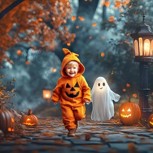 May include: A child in an orange pumpkin costume runs down a leaf-covered path, accompanied by a white ghost figure. Lit jack-o'-lanterns and a vintage street lamp create a festive Halloween scene. The background features trees with orange leaves.