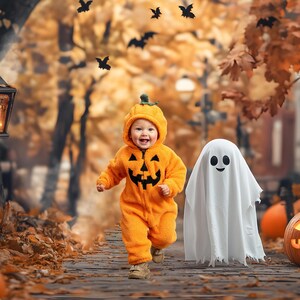 May include: A child in an orange pumpkin costume runs down a path, accompanied by a ghost. The scene is set in autumn, with fallen leaves and jack-o'-lanterns. Black bats fly in the background, creating a festive Halloween atmosphere.