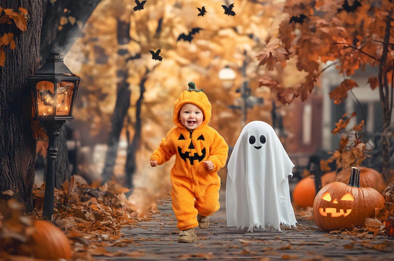 May include: A child in an orange pumpkin costume runs down a path, accompanied by a ghost. The scene is set in autumn, with fallen leaves and jack-o'-lanterns. Black bats fly in the background, creating a festive Halloween atmosphere.