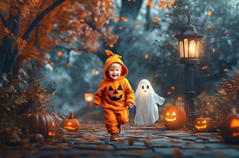 May include: A child in an orange pumpkin costume runs down a leaf-covered path, accompanied by a white ghost figure. Lit jack-o'-lanterns and a vintage street lamp create a festive Halloween scene. The background features trees with orange leaves.