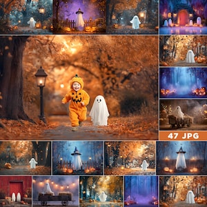 May include: A collection of Halloween-themed images featuring ghosts, pumpkins, and a child in a pumpkin costume. The scenes are set in autumnal landscapes with warm, orange and brown tones, creating a festive and spooky atmosphere.