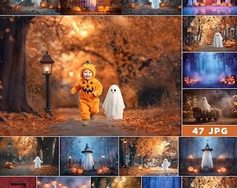 May include: A collection of Halloween-themed images featuring ghosts, pumpkins, and a child in a pumpkin costume. The scenes are set in autumnal landscapes with warm, orange and brown tones, creating a festive and spooky atmosphere.