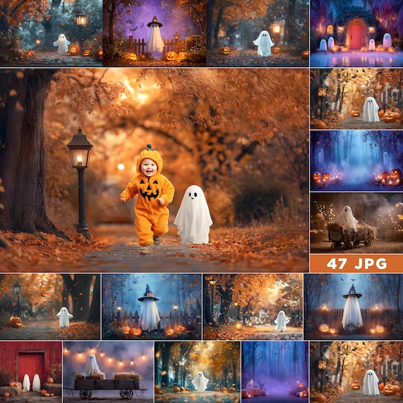 47 Autumn Halloween Ghost Digital Backdrops, Fall Photo with Ghost Overlays, Pumpkins
