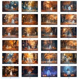 May include: A collection of 24 digital art images featuring a ghost character in various outdoor settings. The scenes depict autumn landscapes with orange and yellow foliage, pumpkins, and soft lighting, creating a spooky yet whimsical Halloween theme.