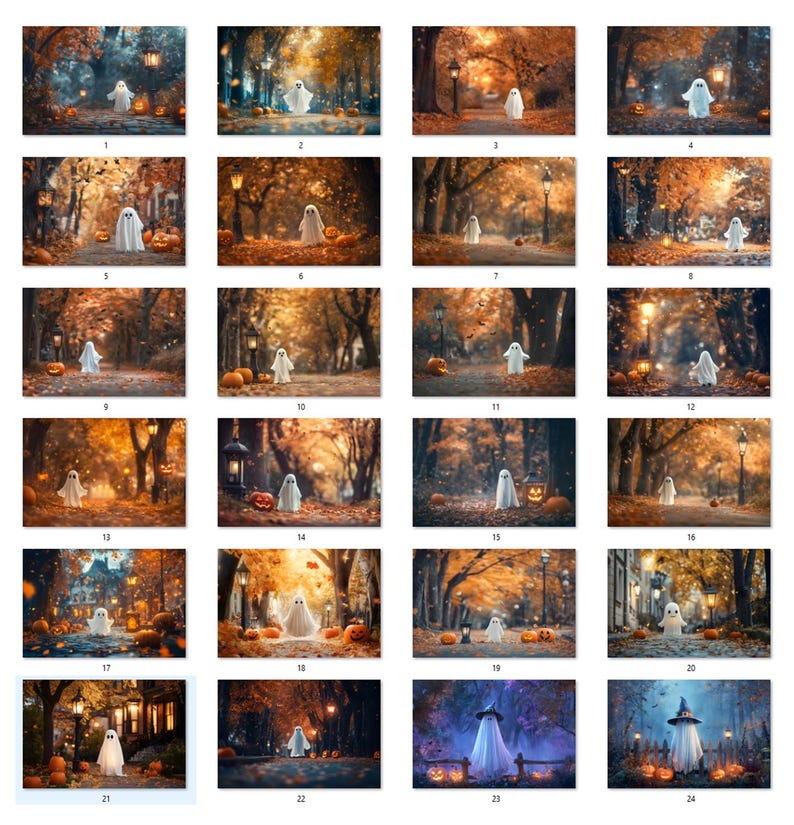 May include: A collection of 24 digital art images featuring a ghost character in various outdoor settings. The scenes depict autumn landscapes with orange and yellow foliage, pumpkins, and soft lighting, creating a spooky yet whimsical Halloween theme.