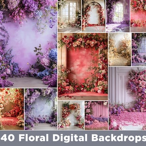 May include: A collection of 40 floral digital backdrops. The images feature various floral arrangements, including arches, walls, and floor displays. The color palette includes shades of pink, purple, red, and white, with some images featuring window and door frames.