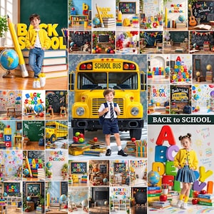 May include: A collage of back-to-school themed photography featuring yellow school buses, chalkboards with text, globes, stacks of books, colorful alphabet letters, and children posing in school-related settings with various educational supplies.