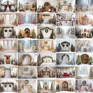Puede incluir: Una colección de fondos fotográficos con temática navideña. Las imágenes presentan diversas escenas, incluyendo puertas decoradas, bosques nevados, interiores acogedores con chimeneas y árboles de Navidad festivos. La paleta de colores está dominada por blancos, verdes y rojos.