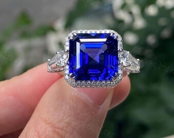 3 Ct Asscher Cut Blue Sapphire Diamond Halo Engagement Wedding Ring 14k White Gold Finish Women's Gift For Her