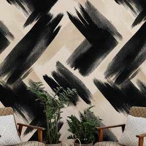 Abstract Brush Stroke Wallpaper | Modern Black White Wall Mural | Artistic Peel and Stick Decor