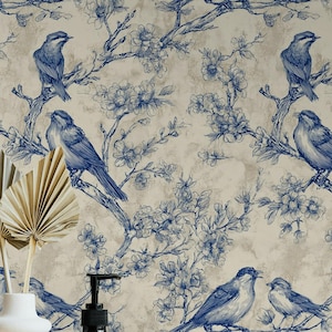 Chinoiserie Bird & Branch Wallpaper | Toile Style Wall Mural | Blue Botanical Peel and Stick Decor