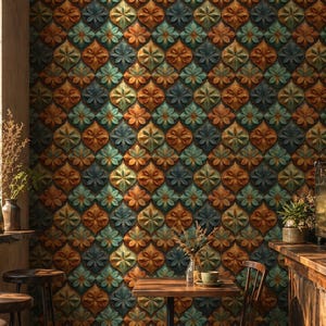 May include: A cafe interior with a decorative wall featuring a repeating floral pattern in shades of orange, teal, and dark blue. The space includes wooden tables, stools, and a bar, with natural light streaming through a window.