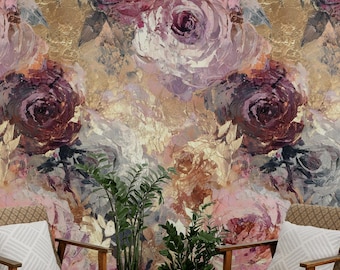 May include: A floral wallpaper with large, painterly roses in pink, purple, and cream against a gold background. Two wooden armchairs with patterned upholstery and white cushions are in front of the wallpaper.