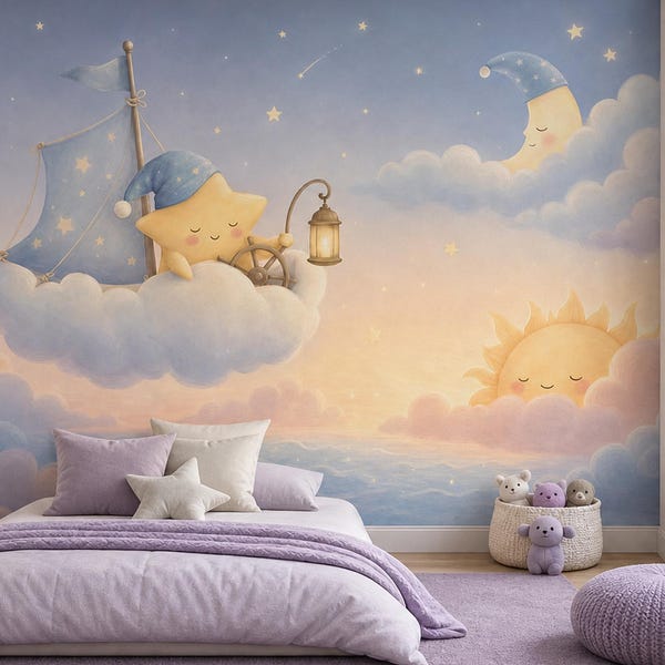 Himmlisches Schlaftraining Wandbild Verträumtes Kinderzimmer Himmel Mond Sterne Baby Zimmer Dekor