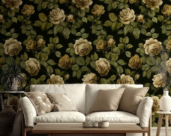 Dark Floral Wallpaper Mural: Vintage Roses, Peel and Stick