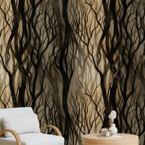 Papel tapiz de ramas de árboles de bosque místico / Mural de pared Dark Academia / Decoración abstracta autoadhesiva