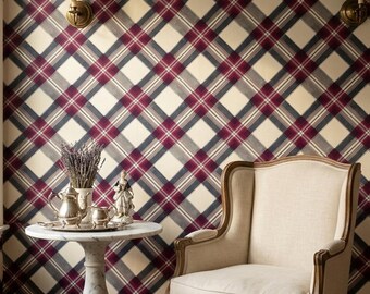 Heritage Plaid Wallpaper Red Blue Tartan Pattern Rustic Farmhouse Cabin Wall Decor