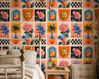 Retro Tile Wallpaper Mediterranean Pattern Eclectic Art Print Colorful Modern Wall Decor Repeat