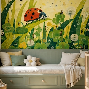 May include: A wall mural featuring a large red ladybug with black spots resting on a green leaf, surrounded by tall grass, white clover flowers, and small butterflies against a yellow background, installed above a sage green storage bench.