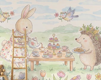 Mural de pared con temática de fiesta de té con conejitos y animales en tonos pastel para habitación infantil. Decoración de cuento de hadas.