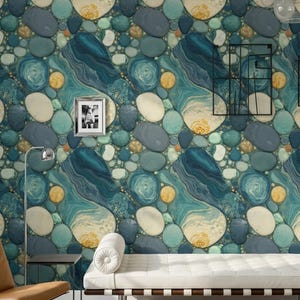 May include: Wallpaper featuring a repeating pattern of smooth, rounded stones in shades of teal, navy blue, cream, and mustard yellow. The design mimics a riverbed with swirling marble-like textures and varied stone sizes covering the wall surface.