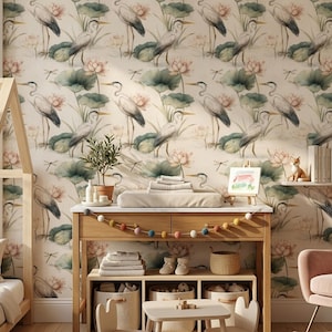 Crane Lotus Wallpaper Asian Inspired Bird Pattern Japandi Wall Decor Serene Nature Repeat Wallpaper