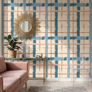 Abstract Grid Wallpaper Hand Painted Plaid Pattern Modern Brush Stroke Wall Decor