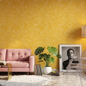 Abstract Squiggle Pattern Wallpaper Mustard Yellow Modern Seamless Repeat Retro Playful Wall Decor