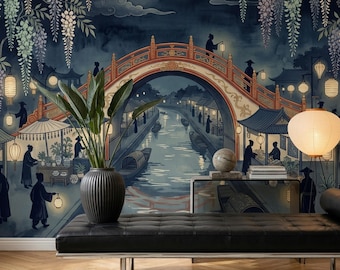Japanischer Garten Wandbild Mondscheinkanal Glyzinien Asiatische Landschaftsdekor