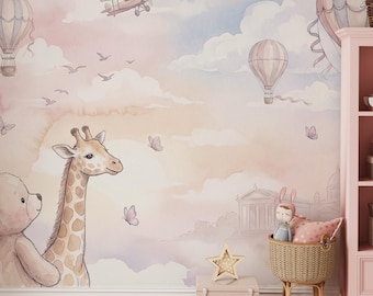 Baby Tier Kinderzimmer Tapete Giraffe Teddy Bär Heißluftballon Kinderzimmer Wandbild